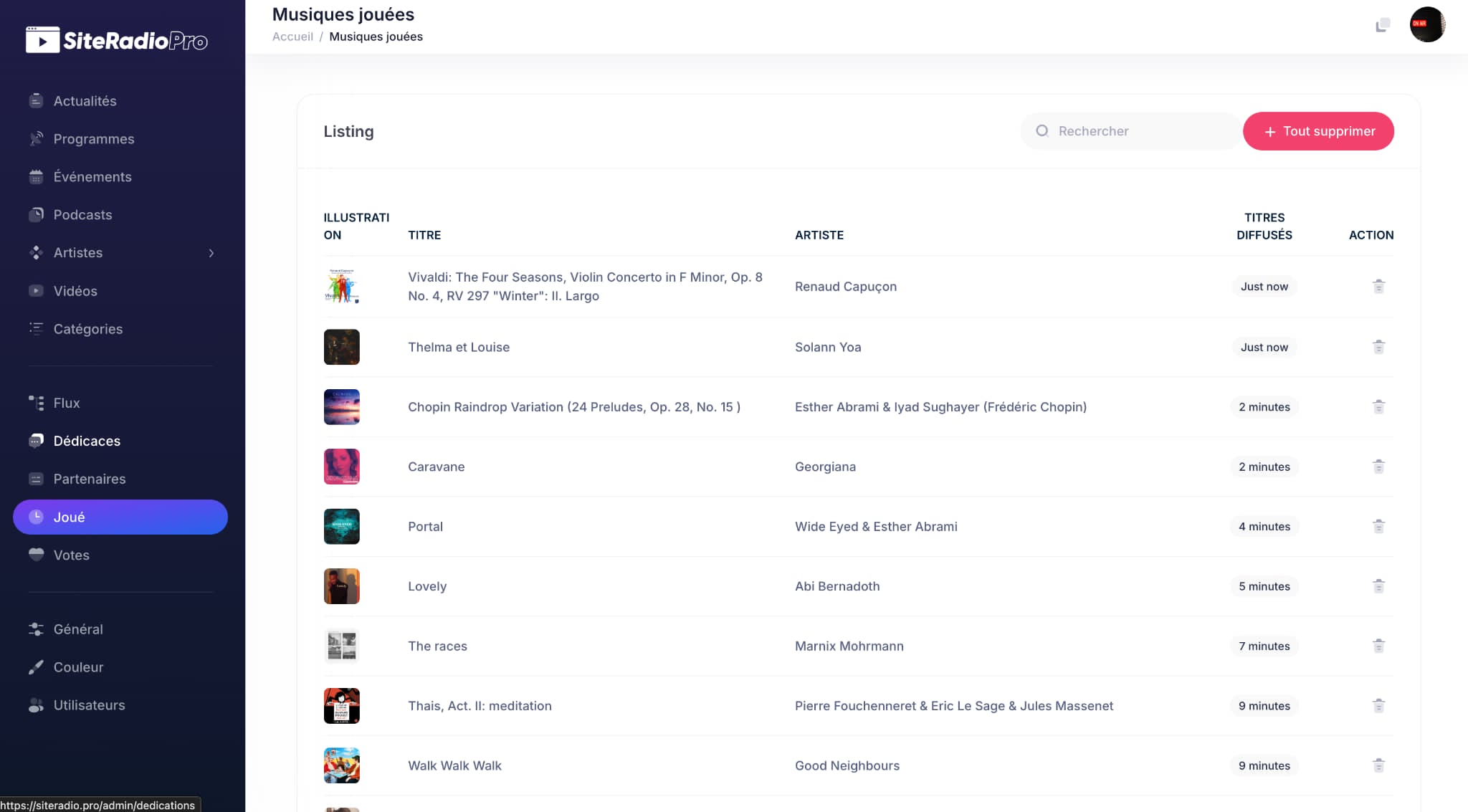 Aperçu du back office
